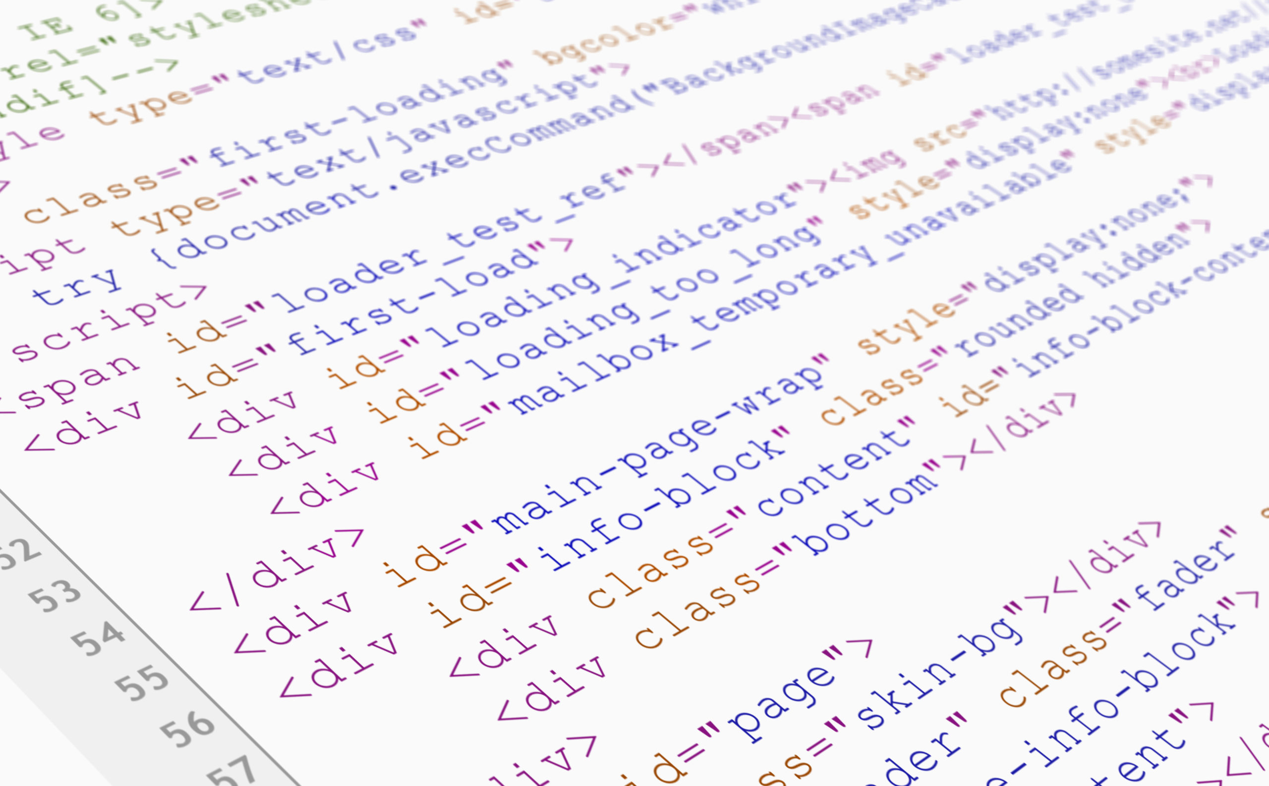 Website HTML code browser view printed on white paper, closeup v